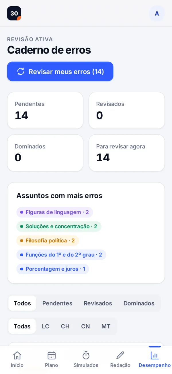Tela: Caderno de erros