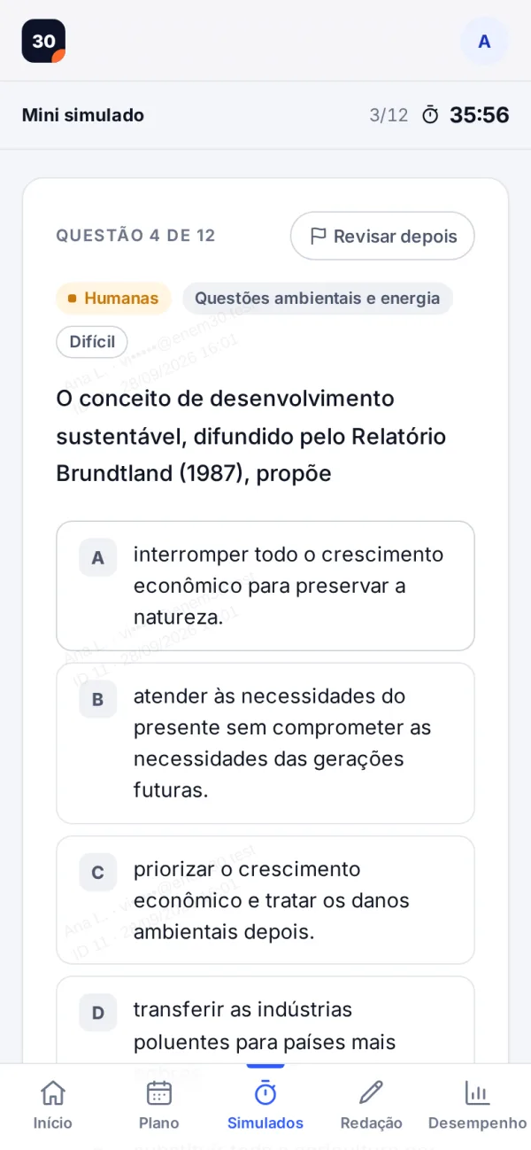Tela: Simulado cronometrado